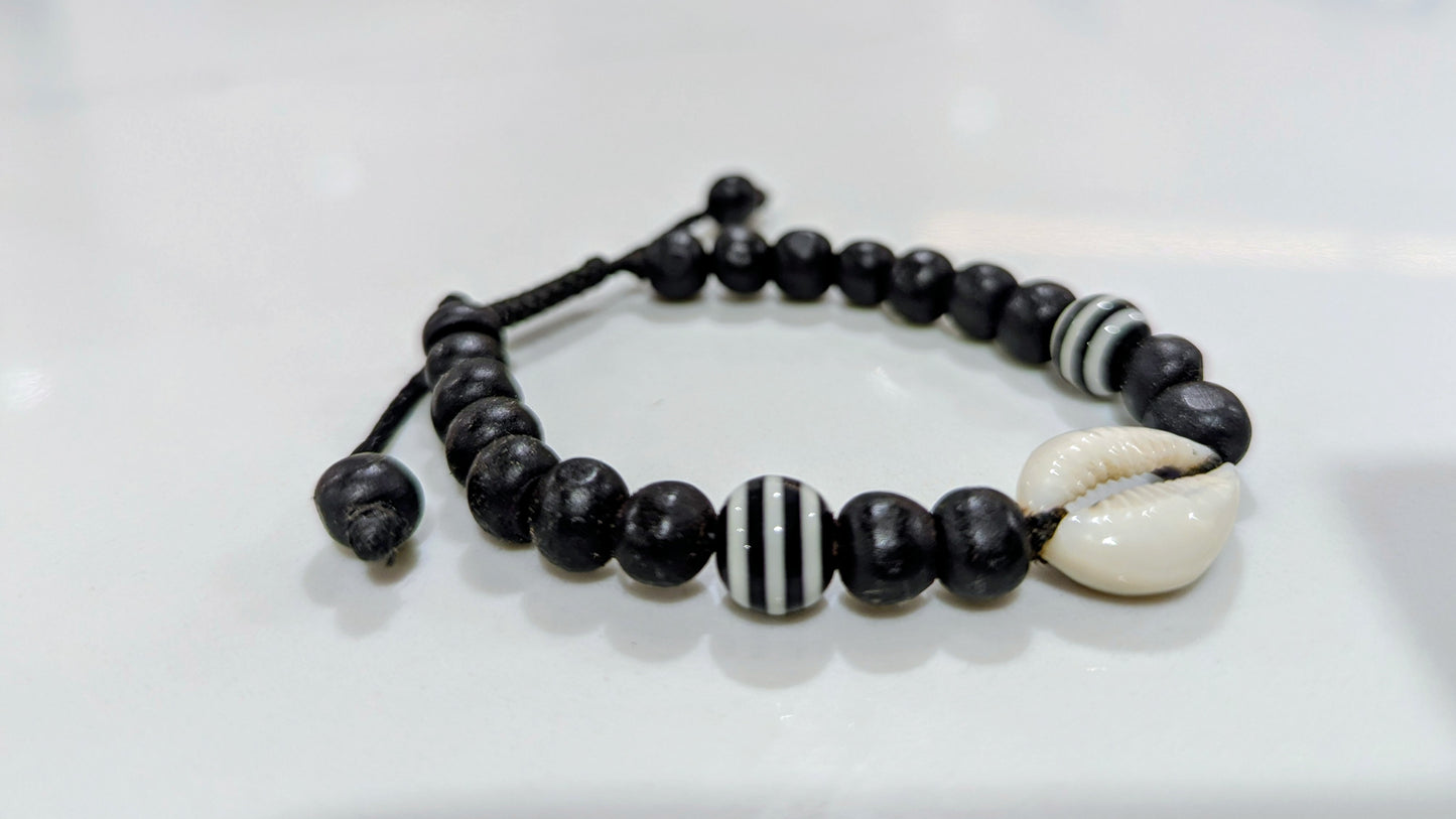 Black Bead Stripe Wristband with Cowrie Shell (adjustable)