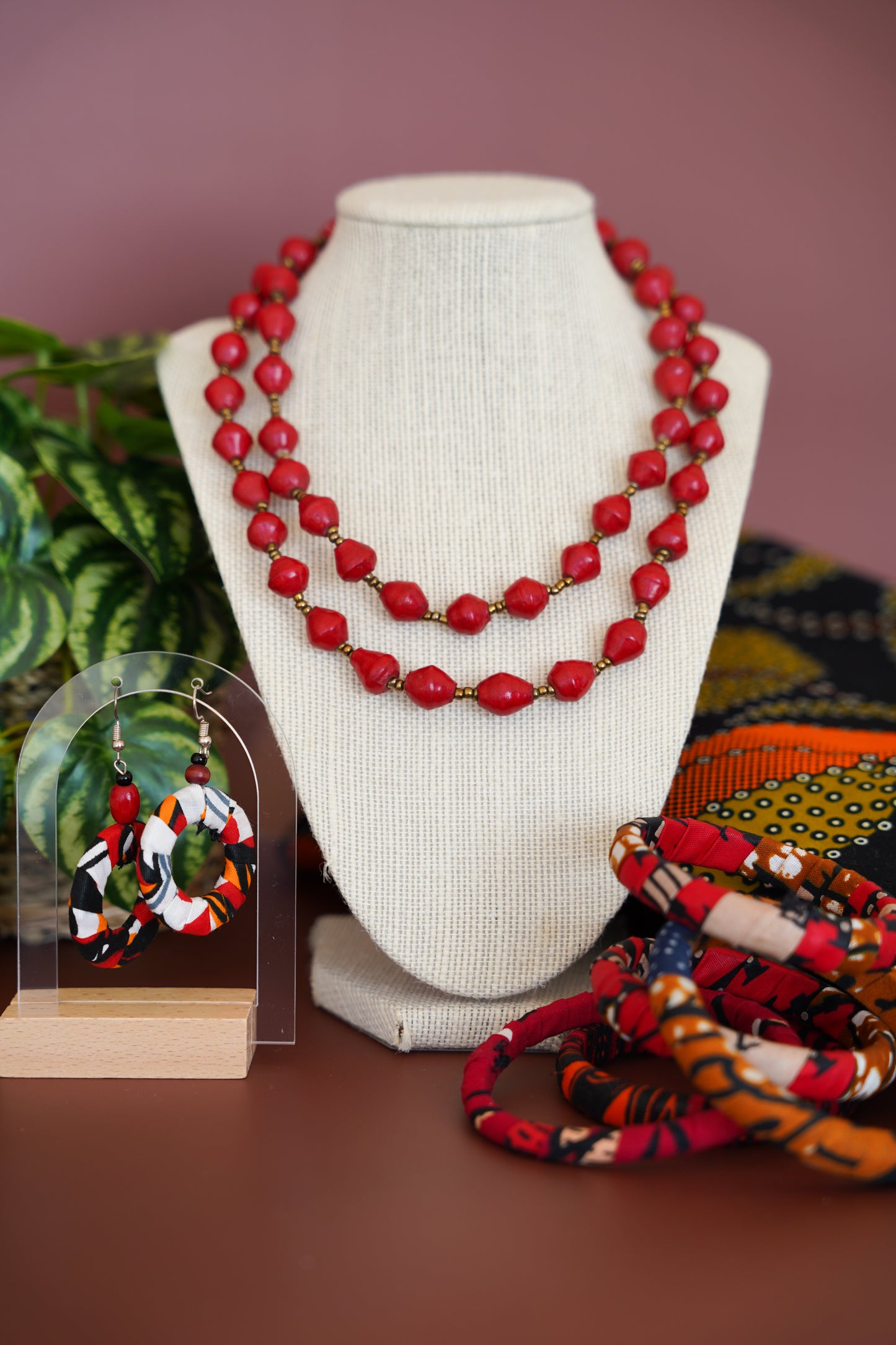 Mwadi - Red Recycled Paper Bead Necklace